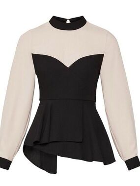 BCBGMaxAzria Black and Cream Peplum Long-Sleeve Top